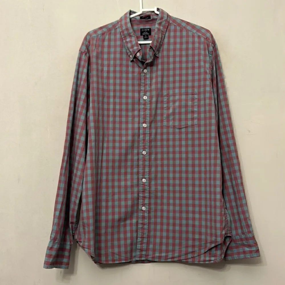 J Crew flex washed classic fit blue pink checkered button down shirt Size XL